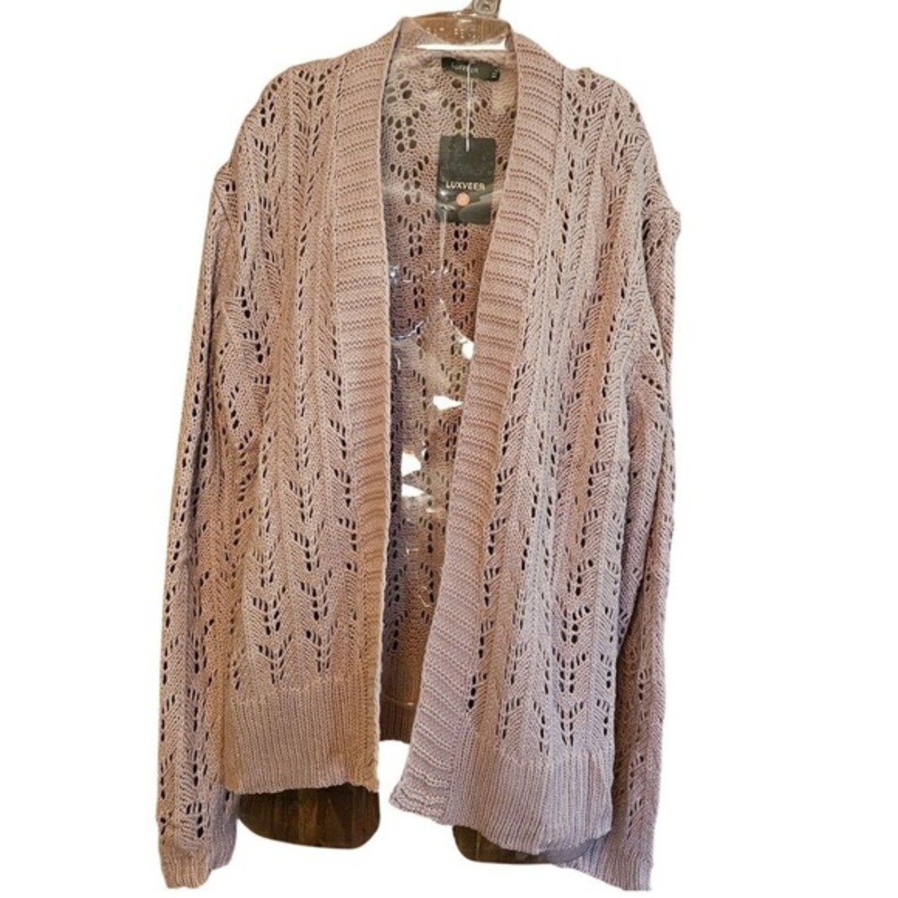 Luxveer Women XL Pastel Pink Crochet Boho Cardigan Lightweight Layer Sweater NWT